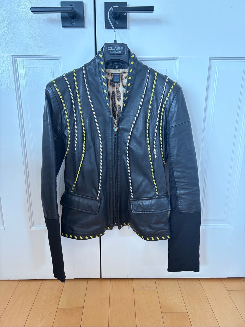 Class Roberto Cavalli Black Leather Jacket with Yellow Trim